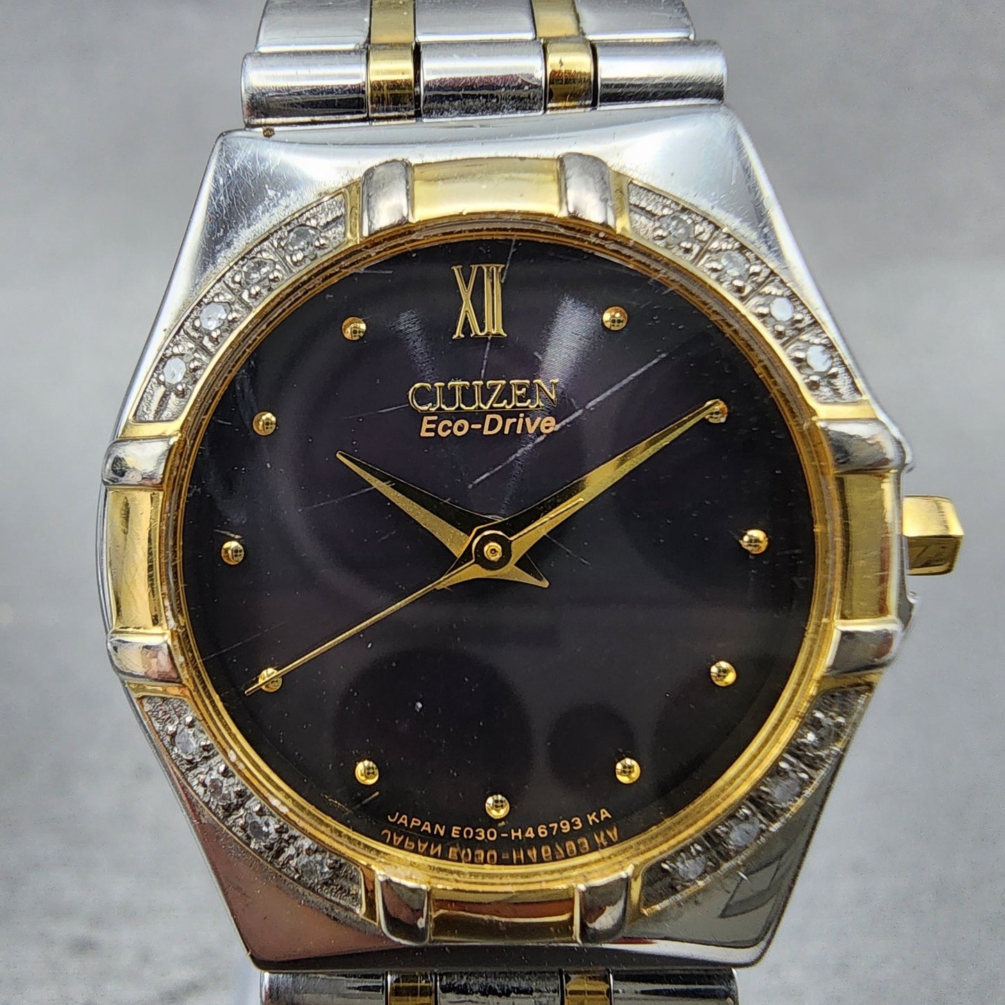 Citizen EcoDrive Watch Women 25mm Black Dial Two Tone Diamond Bezel Runs1