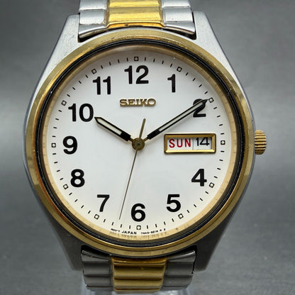Seiko Watch Men 37mm White Dial Two Tone Daydate Round 7N43-9048 PARTS Vintage2