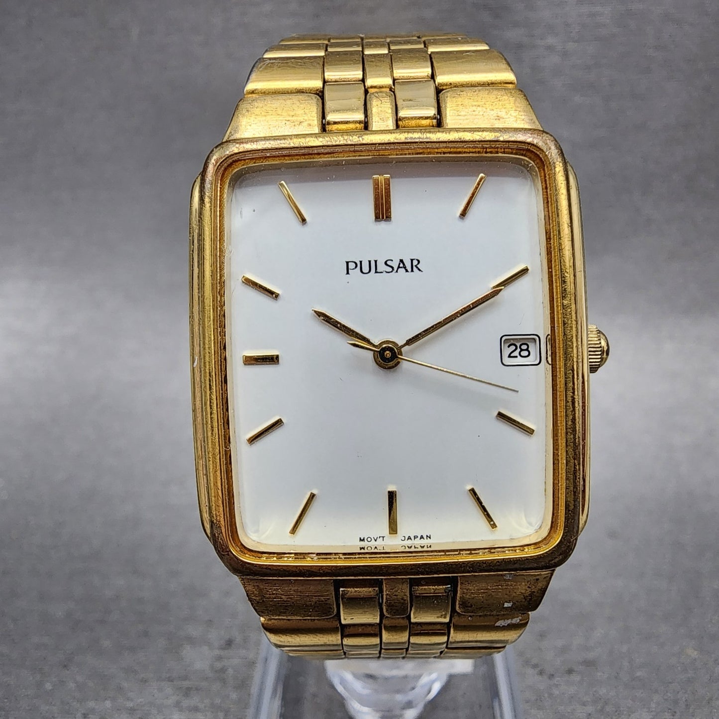 Pulsar Tank Watch Men 27mm White Dial Gold Tone Date Rectangle VX32X154 New Bat0