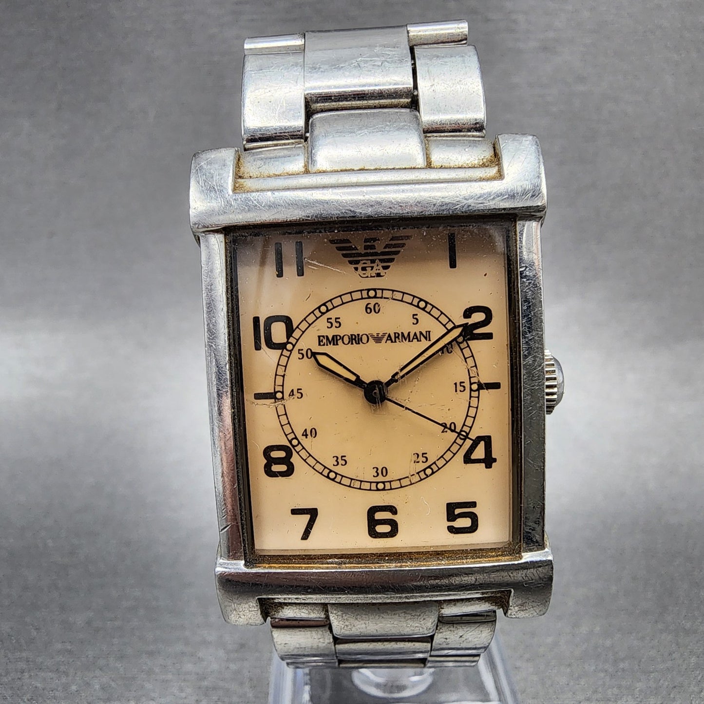 Emporio Armani Tank Watch Men 26mm Cream Dial Silver Tone Rectangle New Battery0