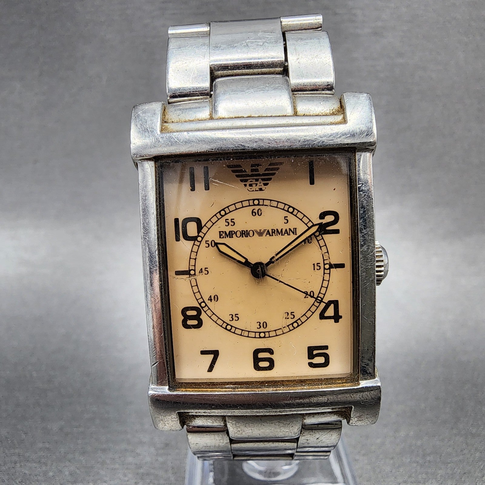 Emporio Armani Tank Watch Men 26mm Cream Dial Silver Tone Rectangle New Battery0