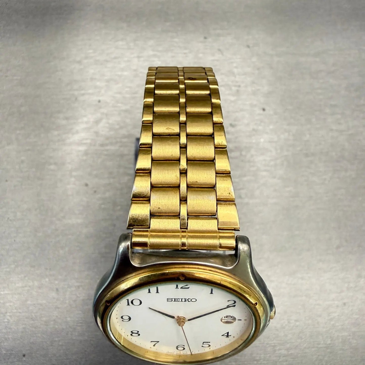 Seiko Watch Men 35mm White Dial Two Tone Date Round 7N32-0150 New Battery VTG4