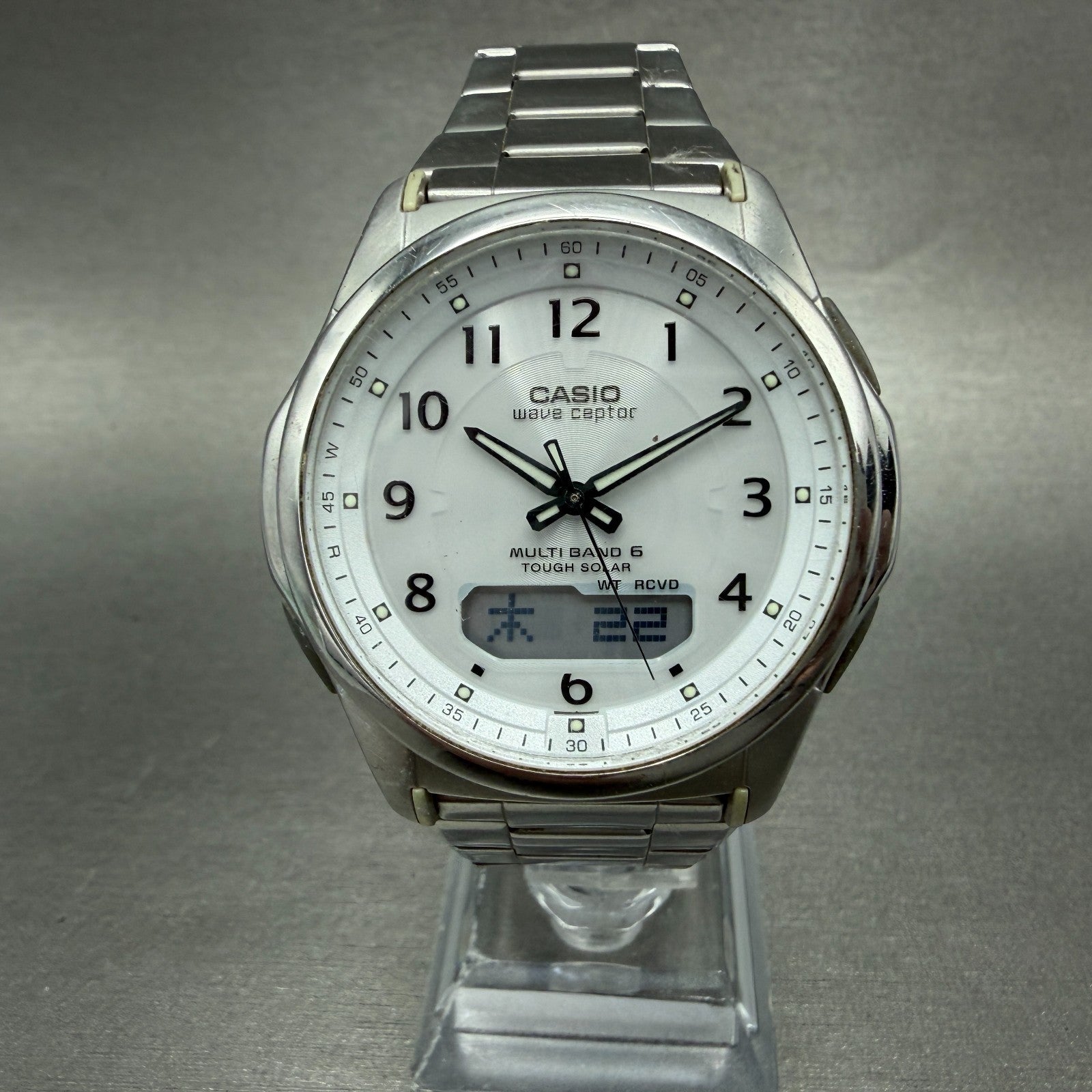 Casio Wave Ceptor Watch Men 42mm White Dial Steel Solar Analog Digital Works ABC0