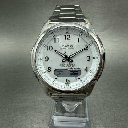 Casio Wave Ceptor Watch Men 42mm White Dial Steel Solar Analog Digital Works ABC0