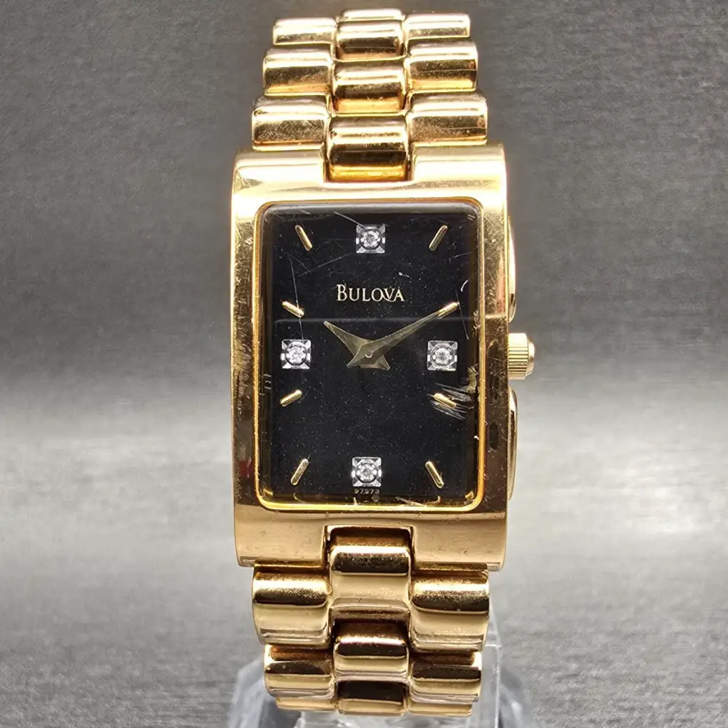 Bulova Tank Watch Women 18mm Black Dial Gold Tone Rectangle 97S73 New Battery0