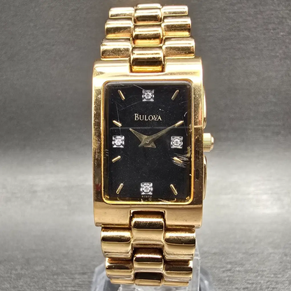Bulova Tank Watch Women 18mm Black Dial Gold Tone Rectangle 97S73 New Battery0