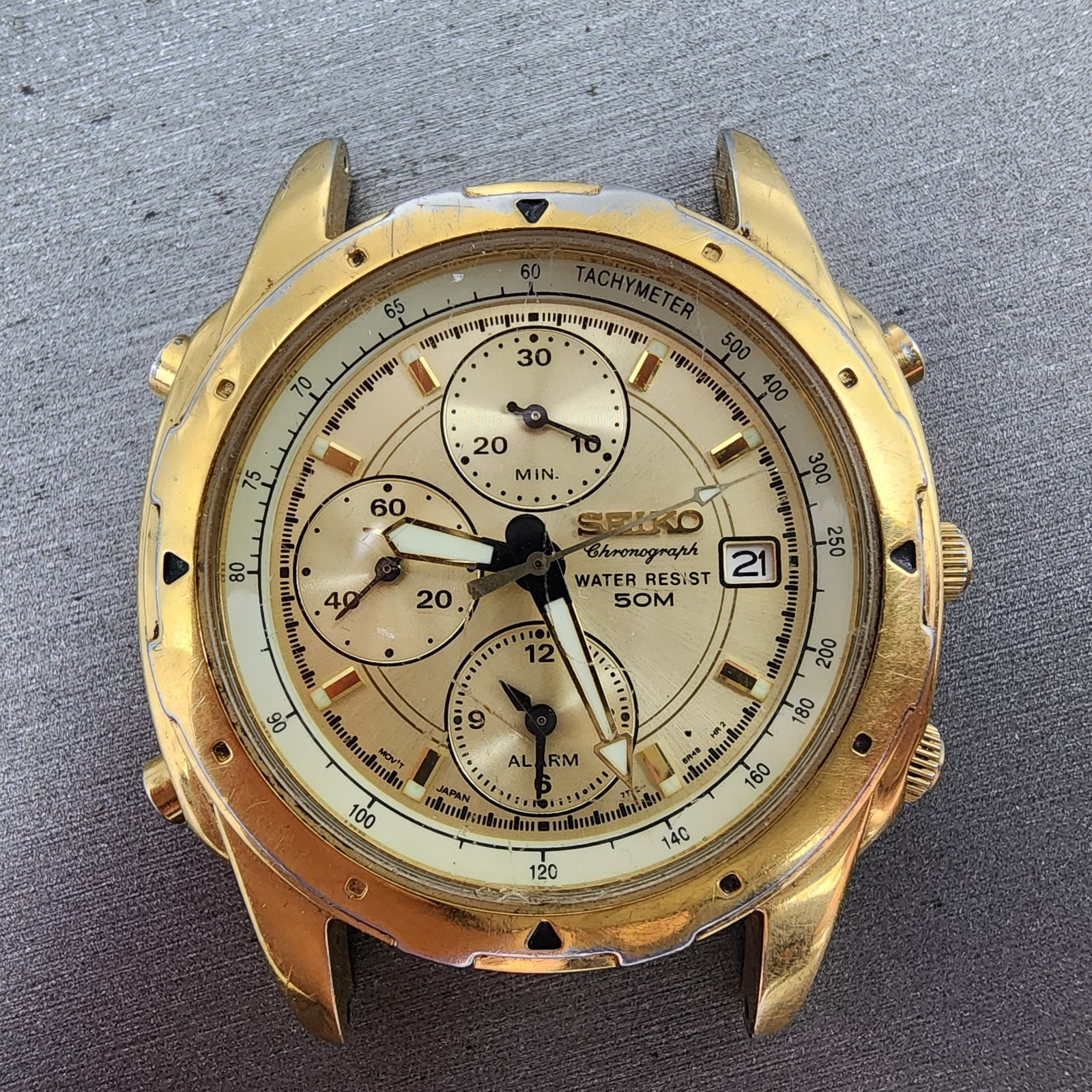 Seiko Chronograph Watch Men 39mm Champagne Dial Gold Tone Date 7t326m59 PARTS2