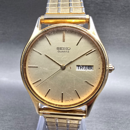 Seiko Watch Men 33mm Champagne Dial Gold Tone Round Daydate 5Y23-8039 New Batt0