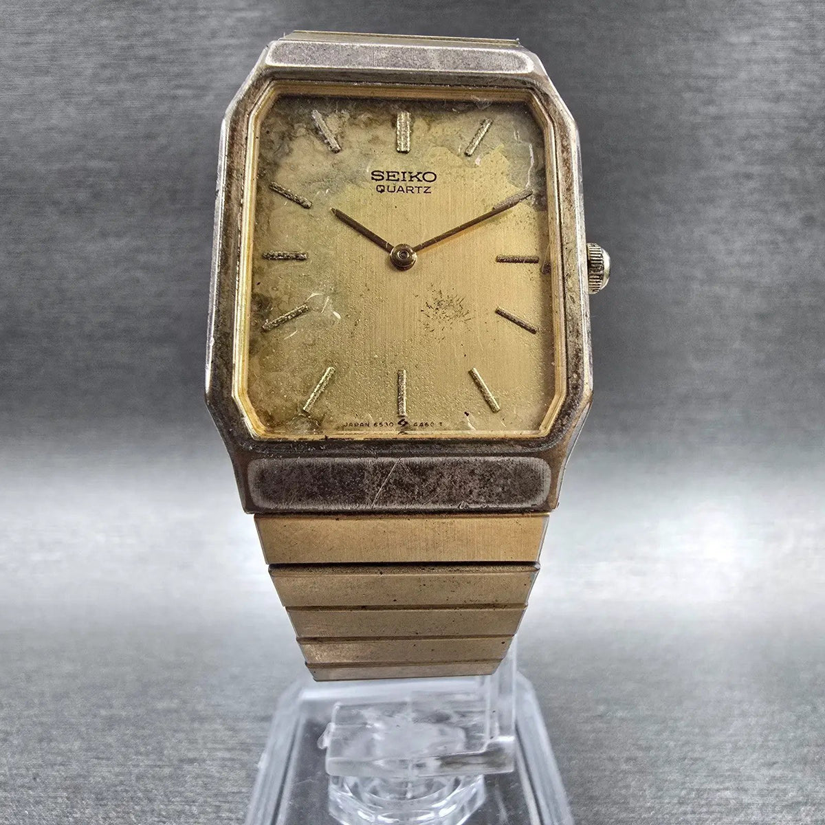 Seiko Watch Men 26mm Gold Dial Gold Rectangle 6530-5790 New Battery VTG5