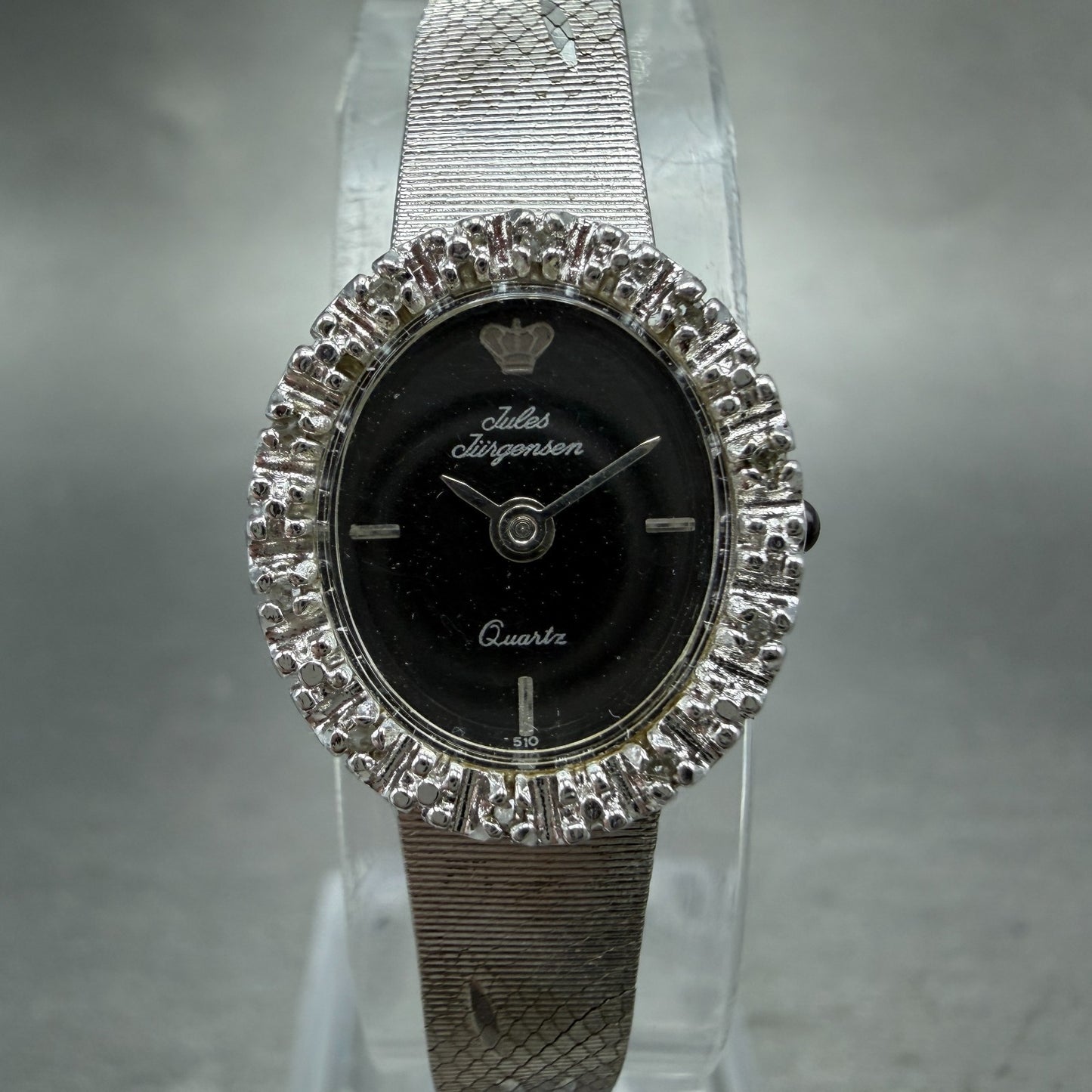 Jules Jurgenson Watch Women 14mm Black Dial Silver Tone Gem Bezel New Battery0