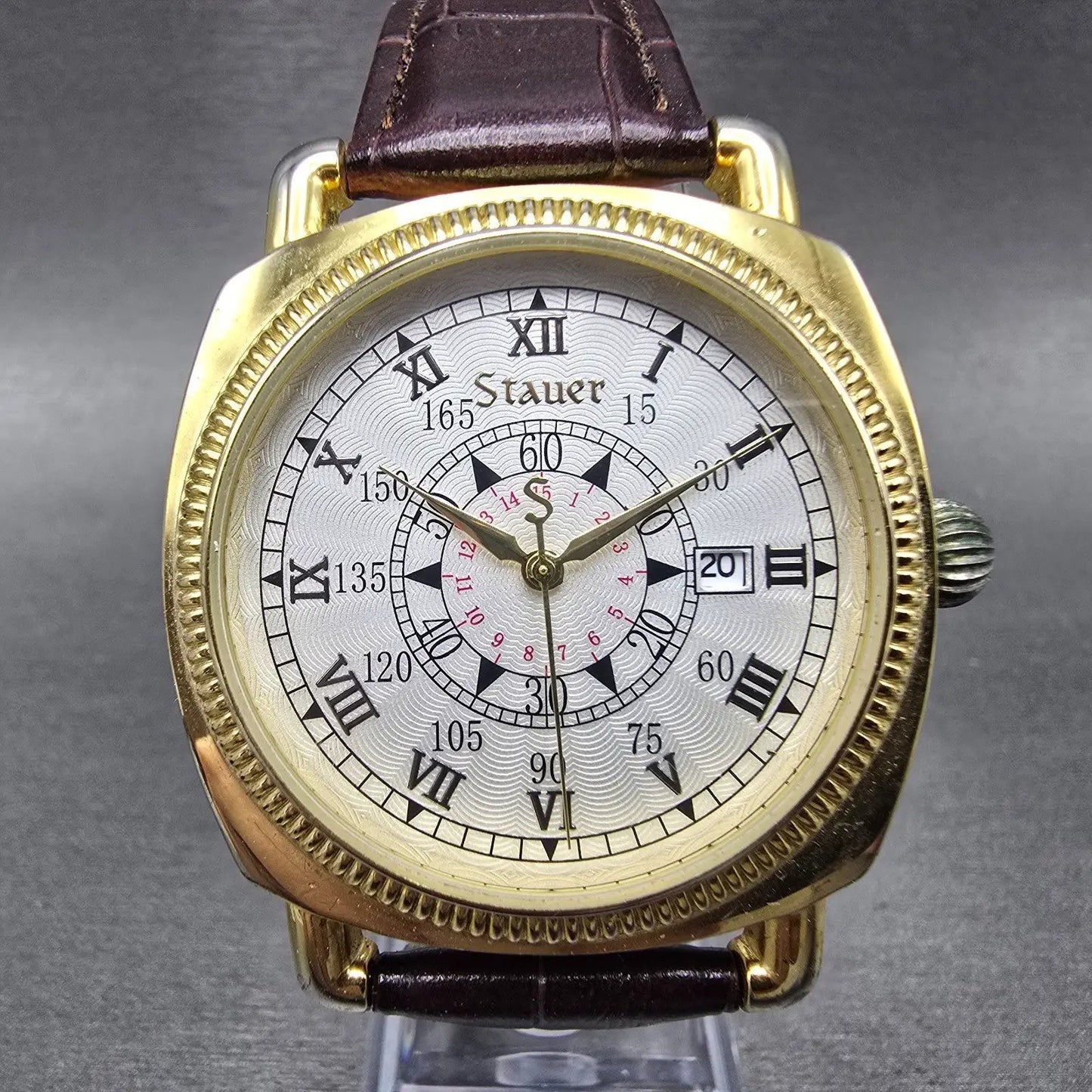 Stauer Watch Men 40mm Silver Dial Gold Tone Date Round Leather New battery0