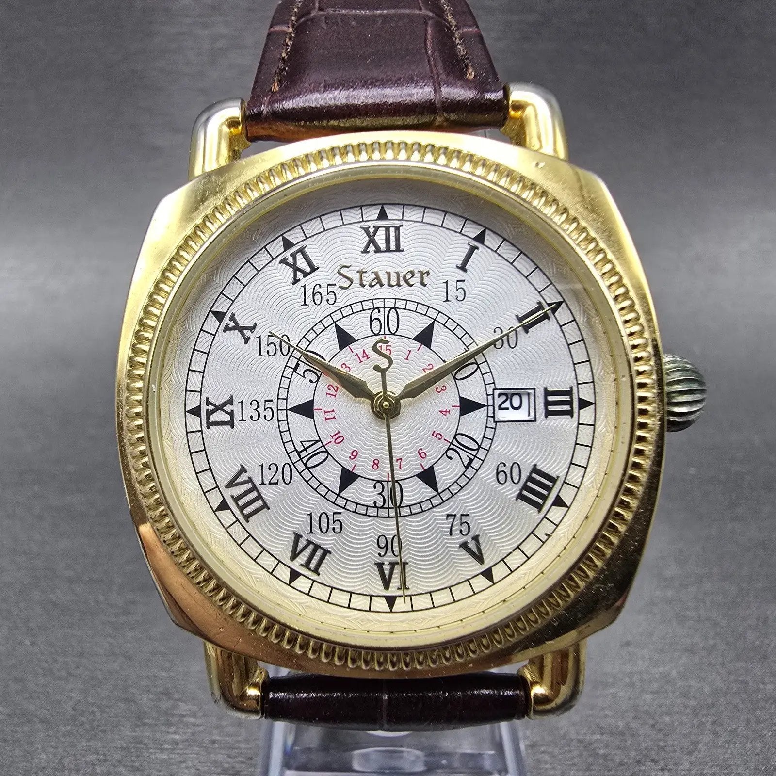 Stauer Watch Men 40mm Silver Dial Gold Tone Date Round Leather New battery0