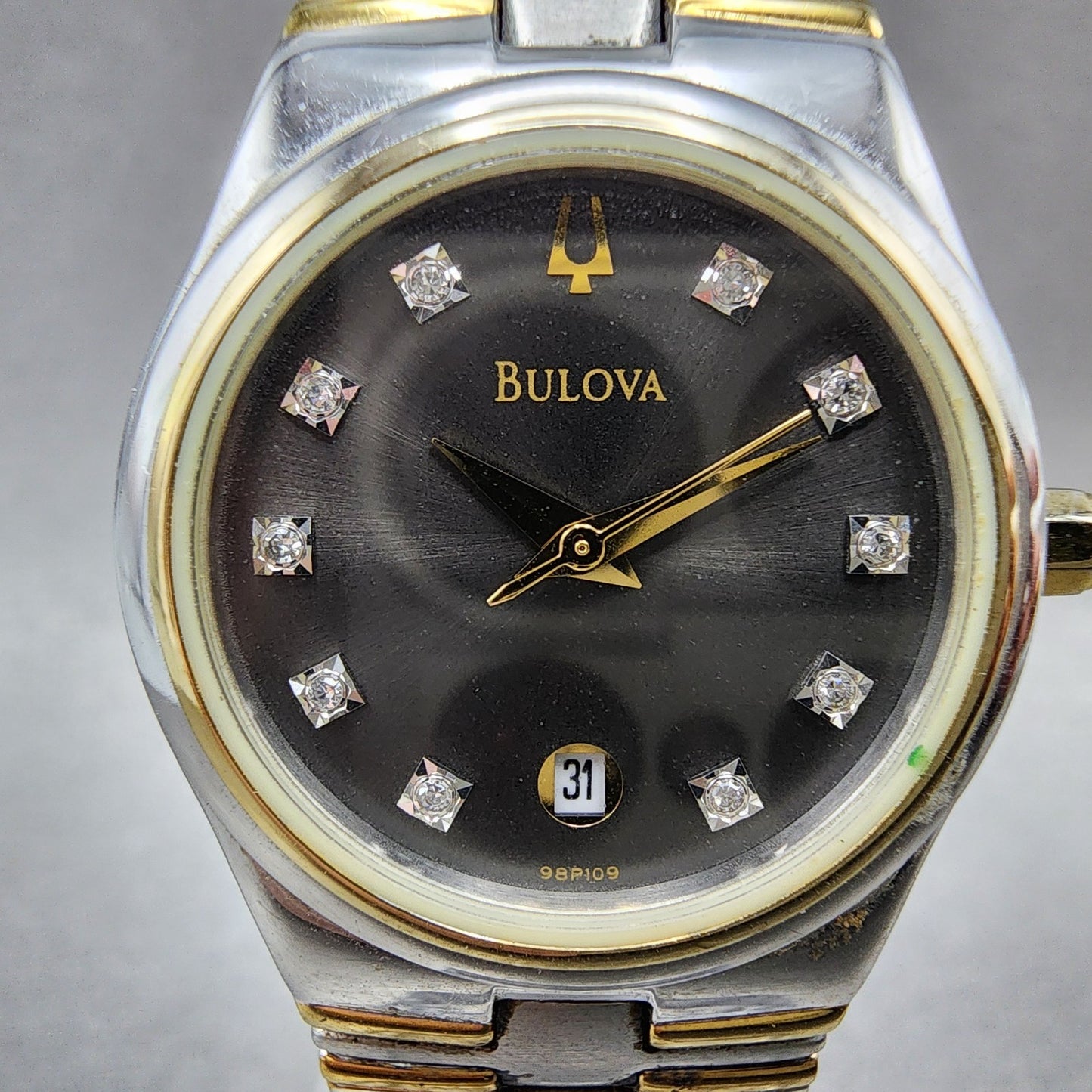 Bulova Watch Women 26mm Black Dial Two Tone Diamond Marker 98P109 New Battery1