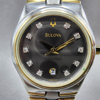Bulova Watch Women 26mm Black Dial Two Tone Diamond Marker 98P109 New Battery1