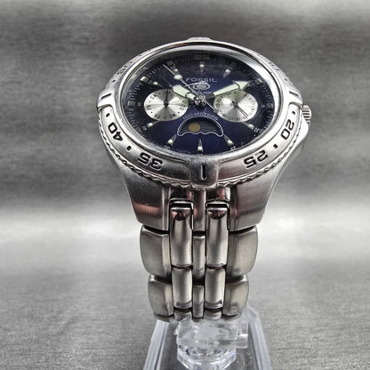 Fossil Watch Men 40mm Blue Dial Silver Sun & Moon Daydate Round BQ-9138 New Batt5