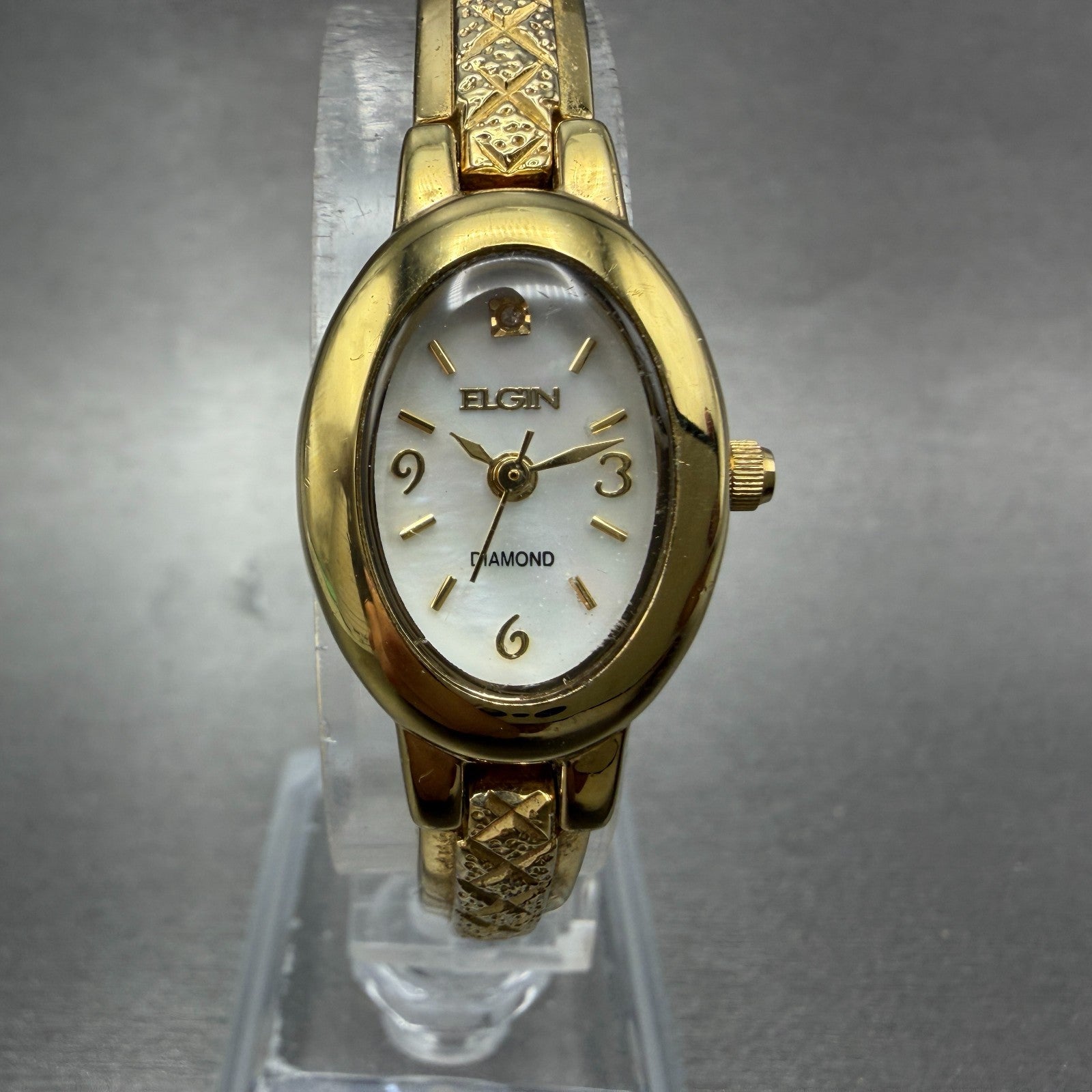 Elgin Watch Women 18mm MOP Dial Gold Tone Oval EG8074 Diamond New Battery0