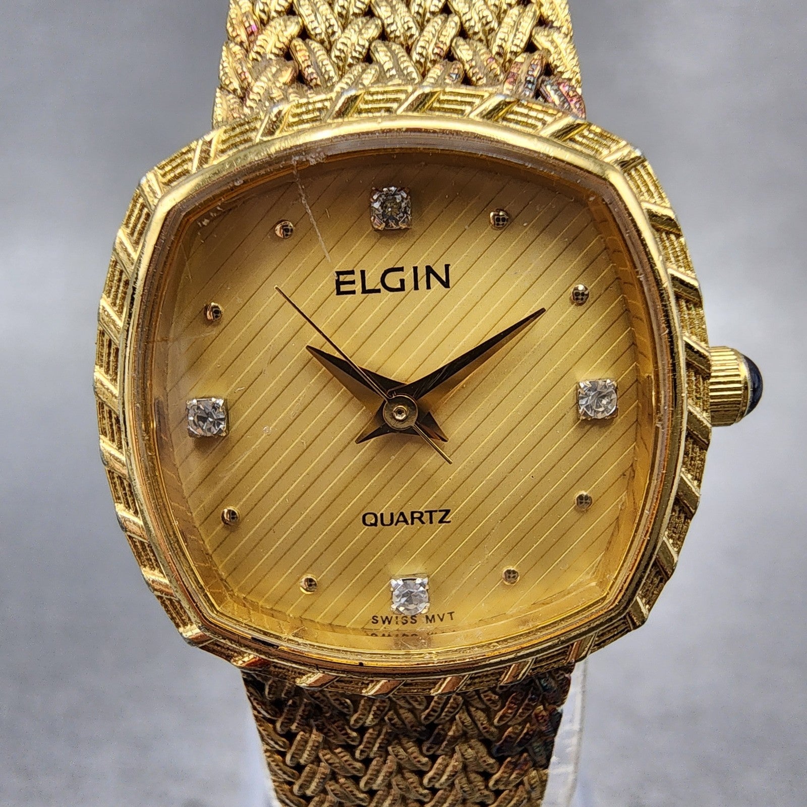 Elgin Watch Women 22mm Gold Dial Gold Tone Rectangle FK267 New Battery VTG1