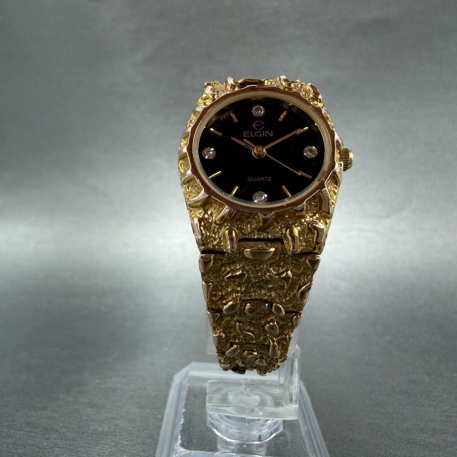Elgin Watch Women 25mm Black Dial Gold Nugget Case Tone New Battery VTG ABC5