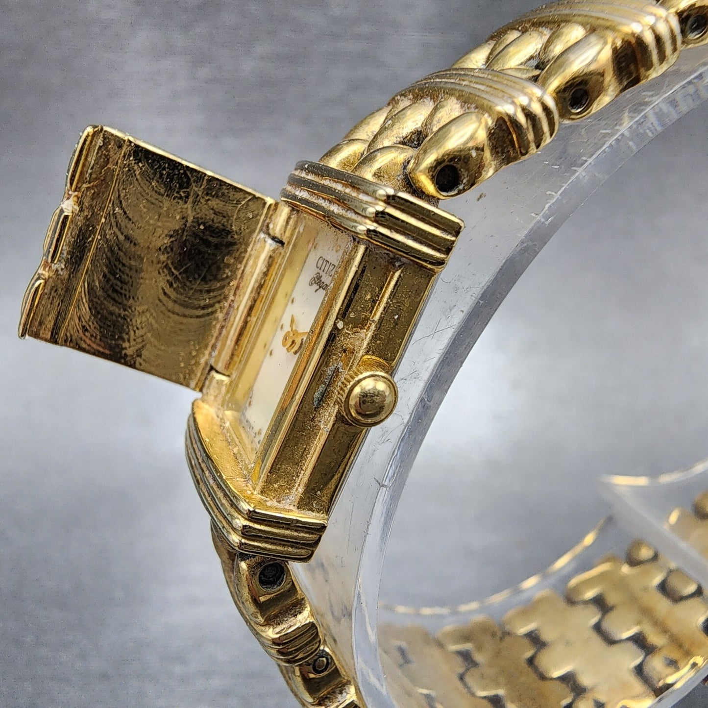 Citizen Elegance Tank Watch Women 14mm MOP Dial Gold Tone Flip Cover New Battery