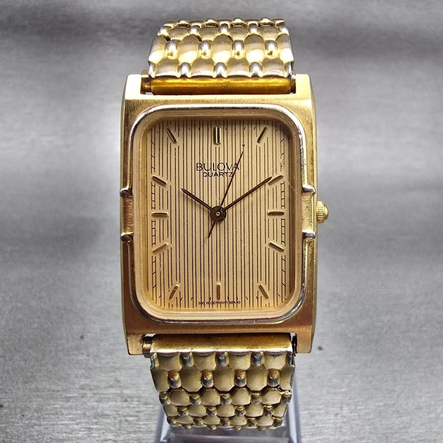 Bulova Watch Men 25mm Gold Dial Gold Tone Rectangle New Battery Vintage 92A400
