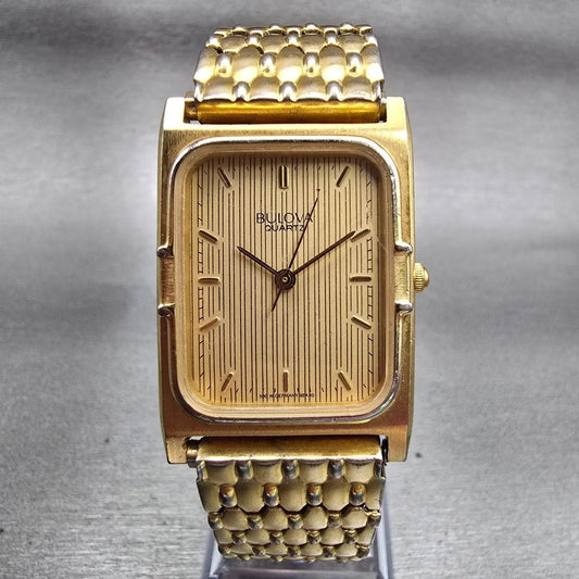 Bulova Watch Men 25mm Gold Dial Gold Tone Rectangle New Battery Vintage 92A400