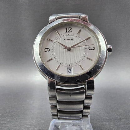 Coach Watch Men 34mm White Dial Silver Tone Date Round W516 New Battery5