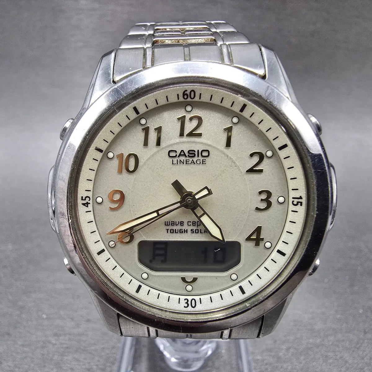 Casio Lineage LCW-100 Watch Men 40mm Cream Dial Steel Alarm Chrono Solar Runs0