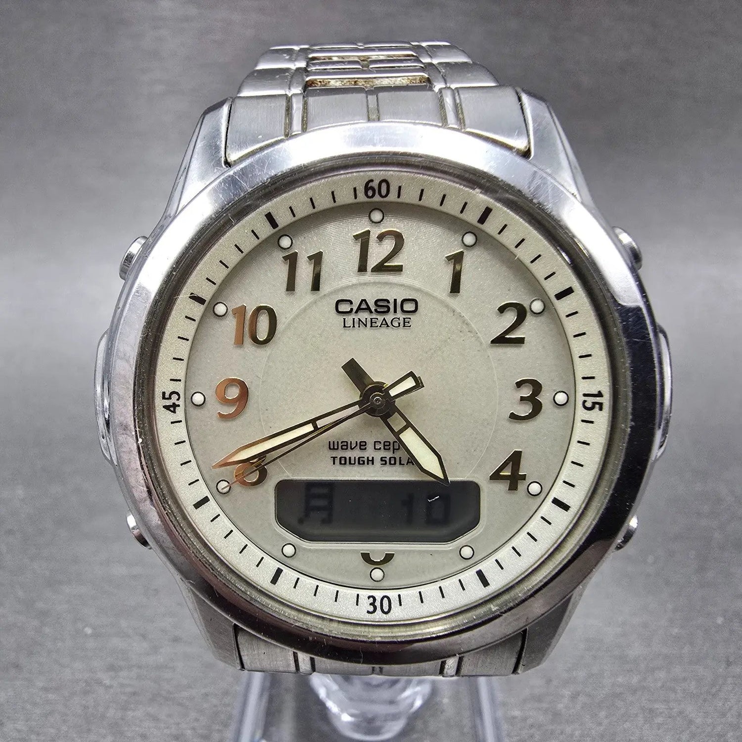 Casio Lineage LCW-100 Watch Men 40mm Cream Dial Steel Alarm Chrono Solar Runs0