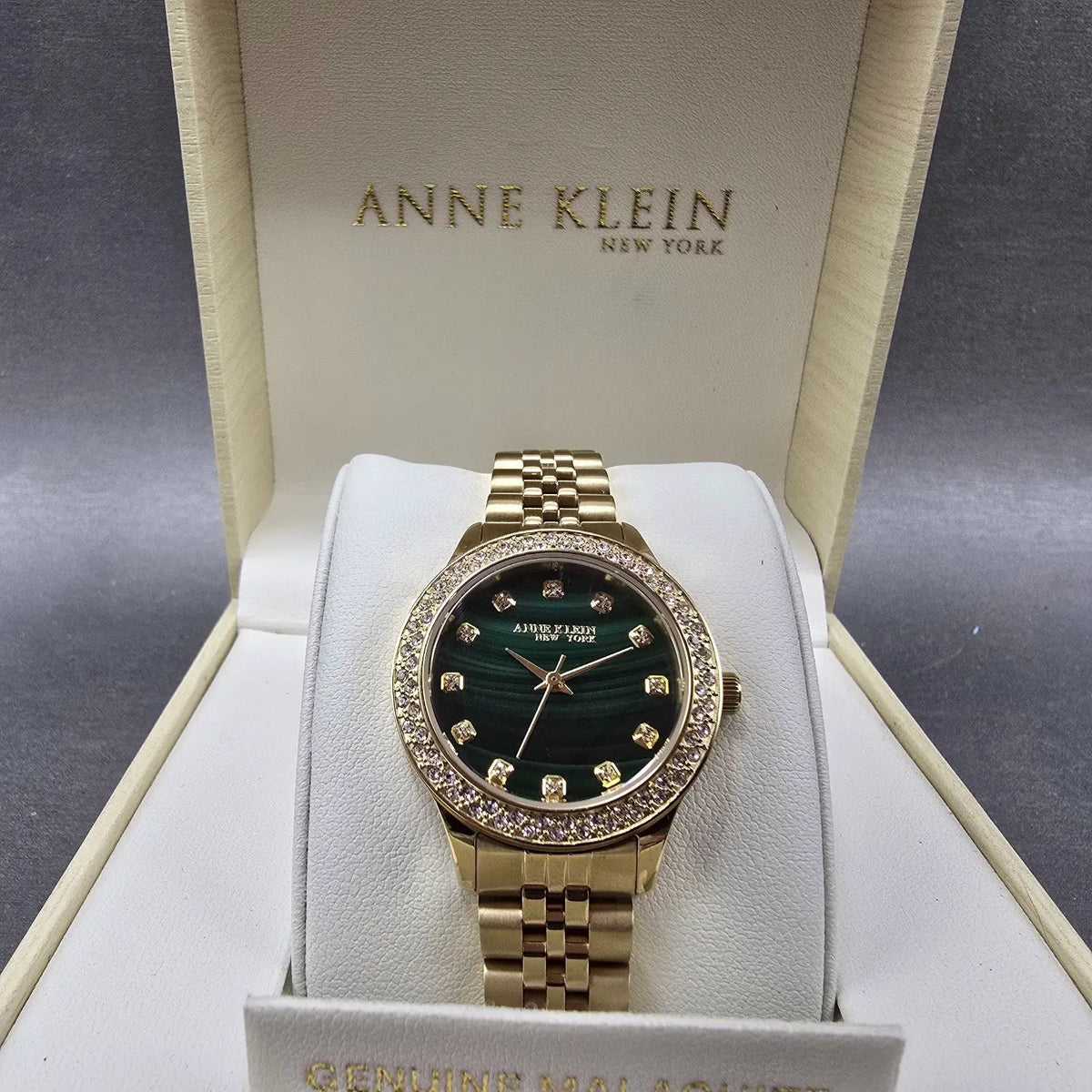 Anne Klein Watch Women 30mm Green Malachite Dial Gold Tone Round New Battery0