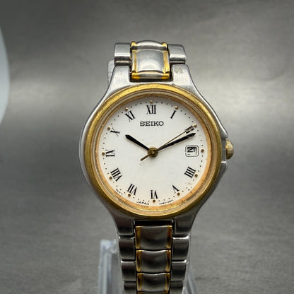 Seiko Watch Women 26mm White Dial Two Tone Date Round 7N82-0410 New Battery0