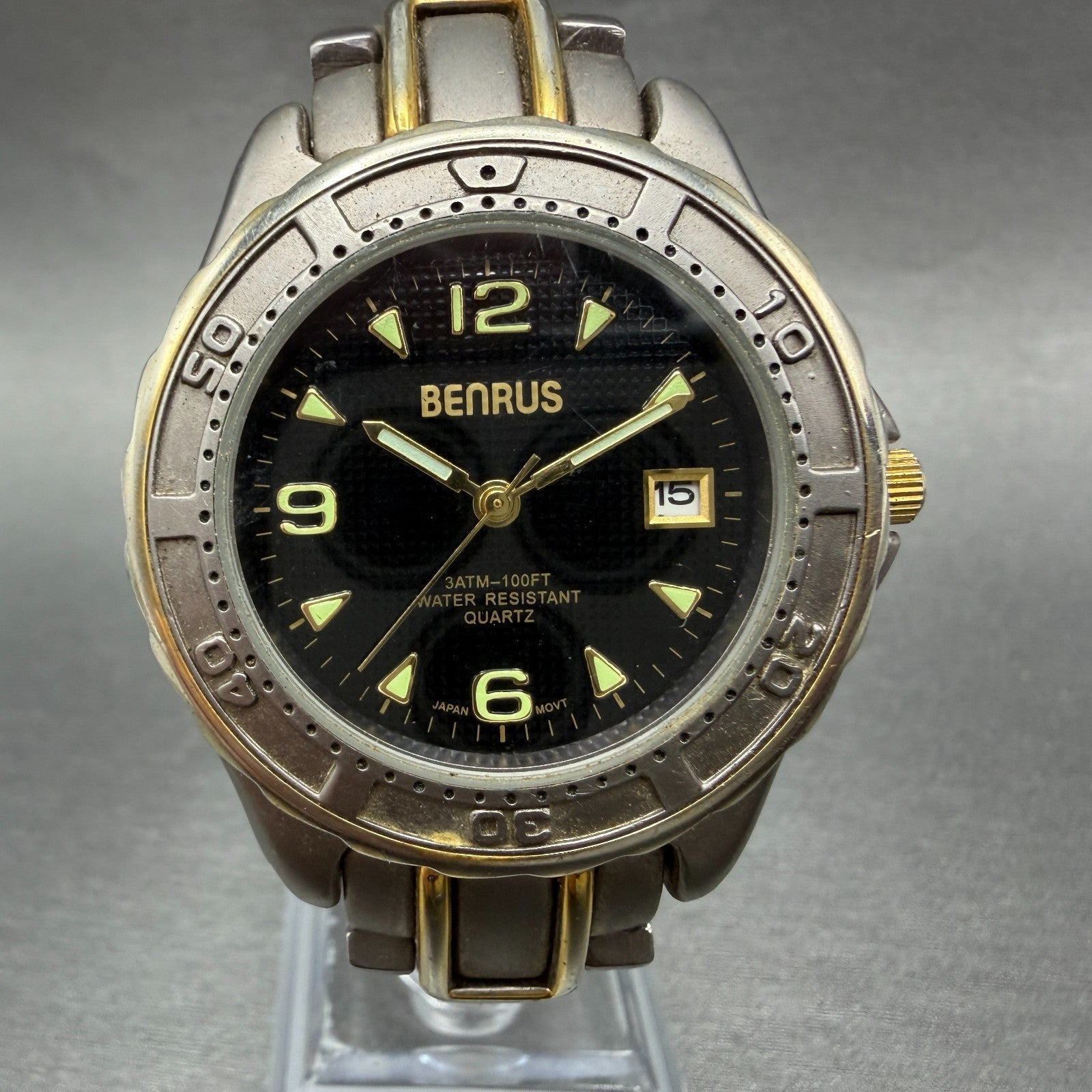 Benrus Watch Women 39mm Black Dial Two Tone Date Round New Battery Vintage0