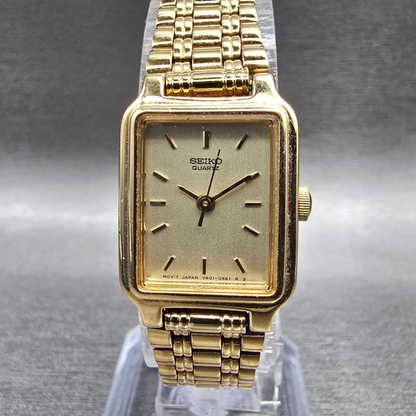 Seiko Tank Watch Women 17mm Champagne Dial Gold Rectangle V401-5129 NewBatt JEP40