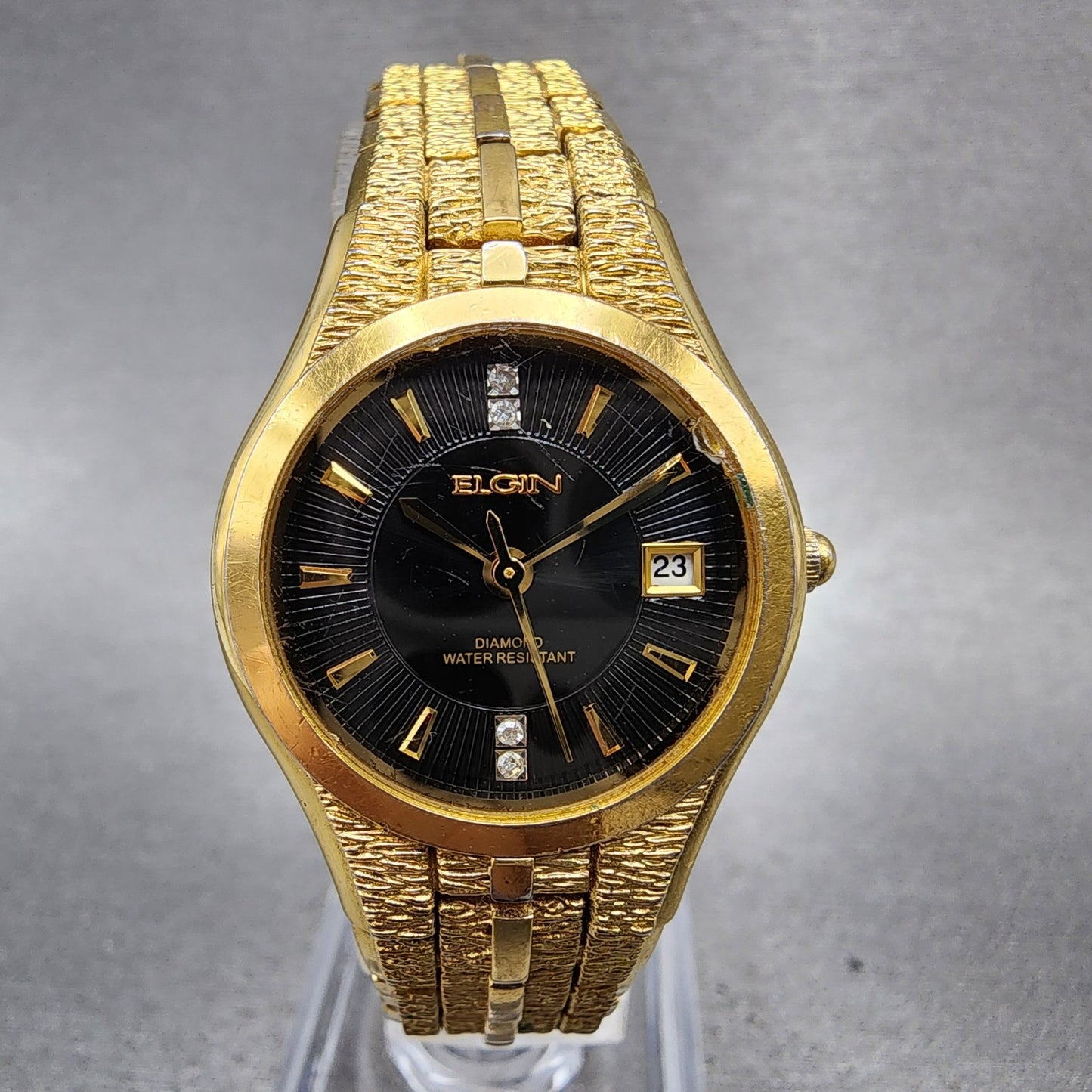 Elgin Watch Women 25mm Black Dial Gold Tone Date Round EG186N New Battery0