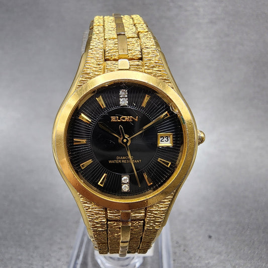Elgin Watch Women 25mm Black Dial Gold Tone Date Round EG186N New Battery0