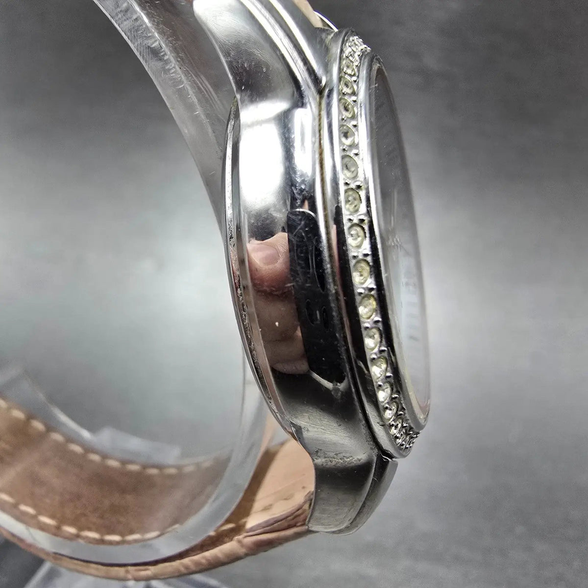 Eco-Drive Silhouette Crystal Watch Women 32mm MOP Dial Steel Daydate Round Works3