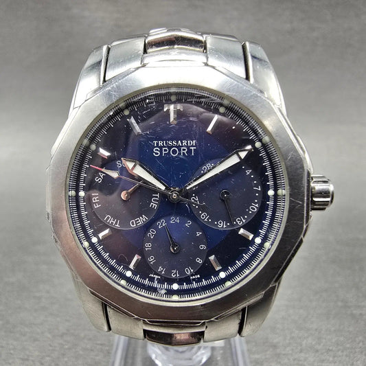 Trussardi Sport Watch Men 36mm Blue Dial Silver Tone Daydate Round New Battery0