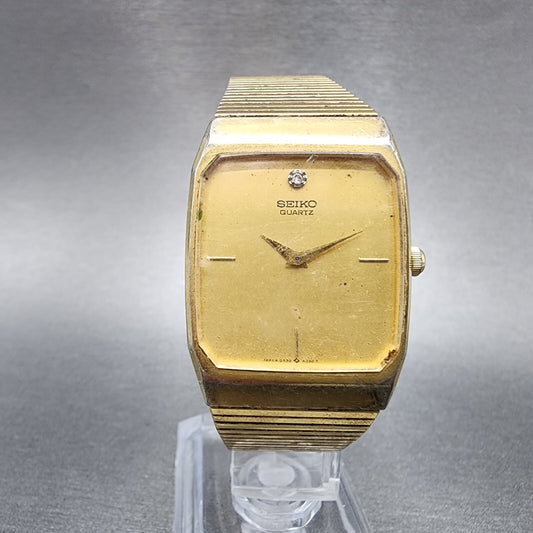 Seiko Watch Men 26mm Gold Dial Gold Tone Rectangle 6530-5089 New Battery