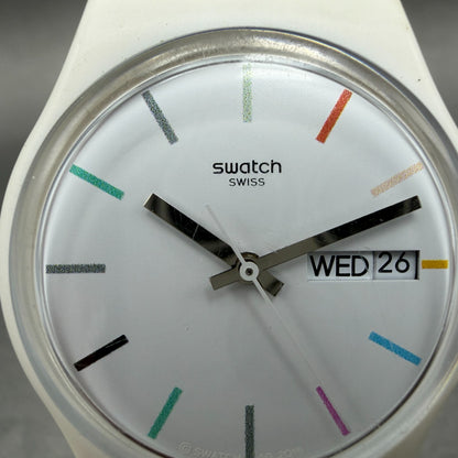 Swatch Edgyline Watch Men 34mm White Dial White Tone Daydate GW708 New Battery1
