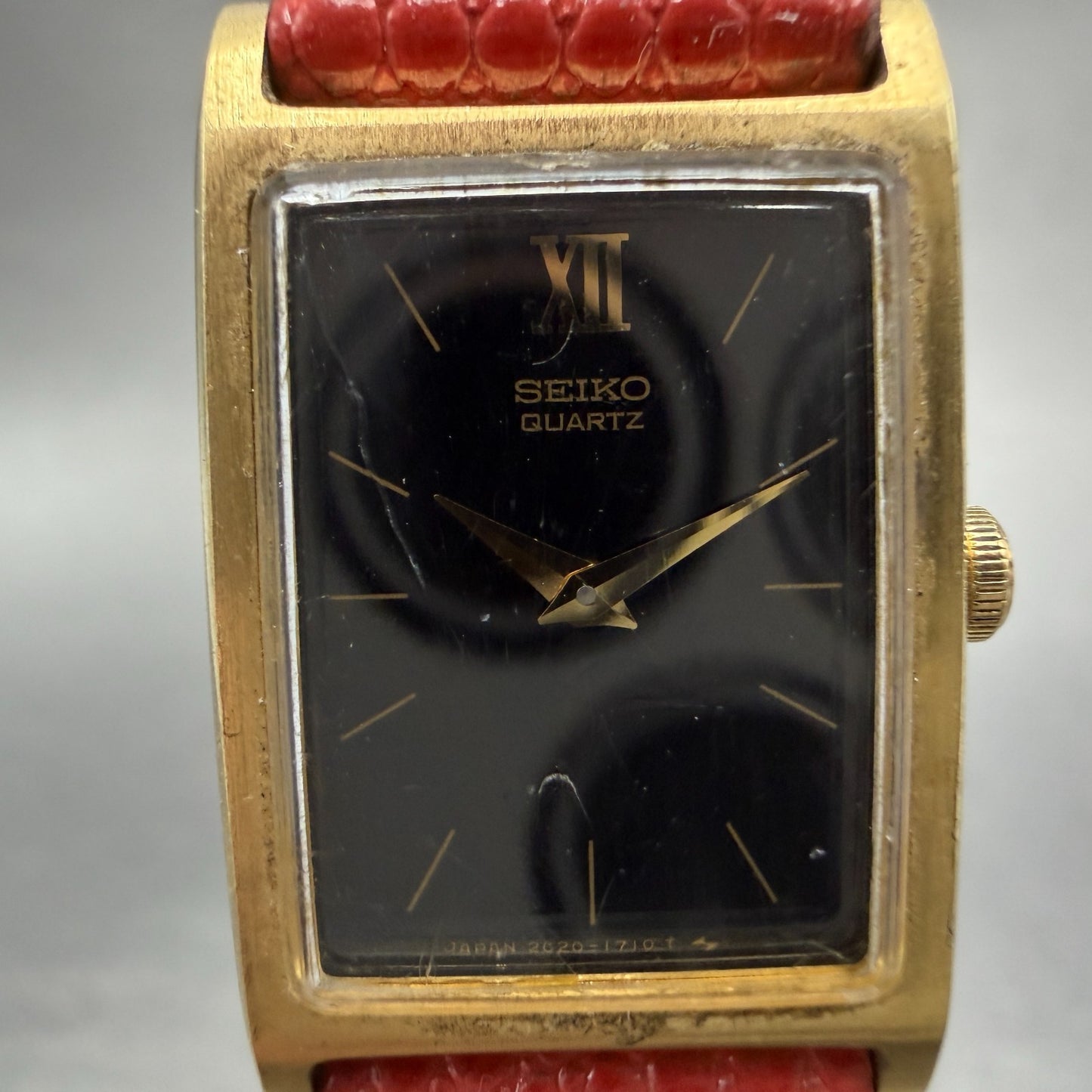 Seiko Tank Watch Women 17mm Black Dial Gold Tone Rectangle 2C20-5830 New Batt GT1