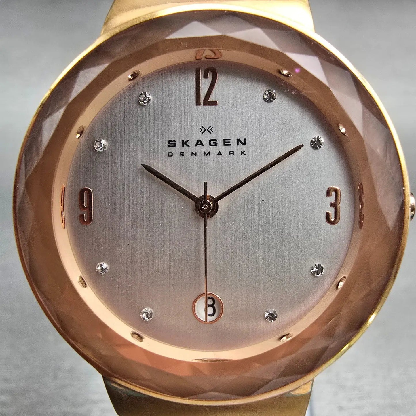 Skagen Leonora Watch Women 35mm Silver Dial Gold Tone Date Round 456LRS New Batt1