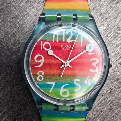 Swatch Color the Sky Watch Women 34mm Red Dial Blue Case Round GS124 New Battery2