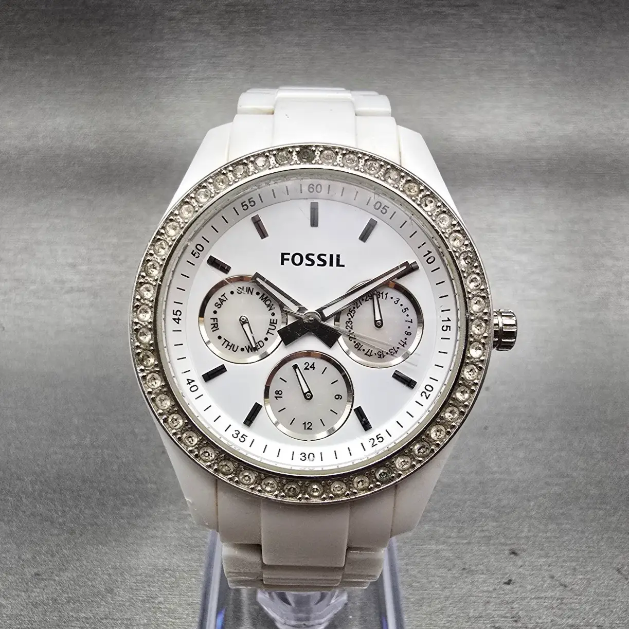 Fossil Stella Day Watch Women 38mm White Dial White Tone Daydate ES1967 New Batt0