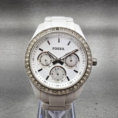 Fossil Stella Day Watch Women 38mm White Dial White Tone Daydate ES1967 New Batt0