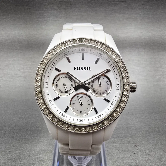 Fossil Stella Day Watch Women 38mm White Dial White Tone Daydate ES1967 New Batt0