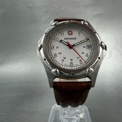 Wenger SAK Watch Men 35mm White Dial Steel Date Round Leather Band New BatteryAB5