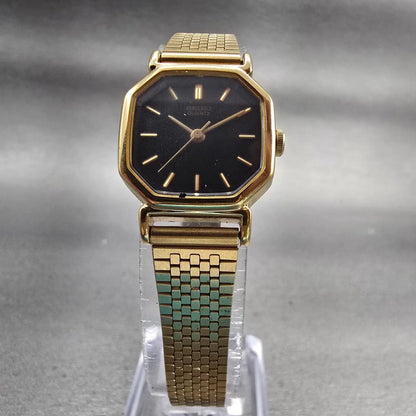 Seiko Watch Women 20mm Black Dial Gold Tone Hexagon 2C21-5170 New Battery VTG5