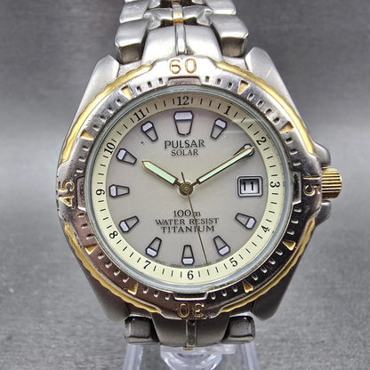 Seiko Pulsar Solar Dive Watch Men 38mm Gray Dial TwoTone Titanium V145-0C20 Runs0