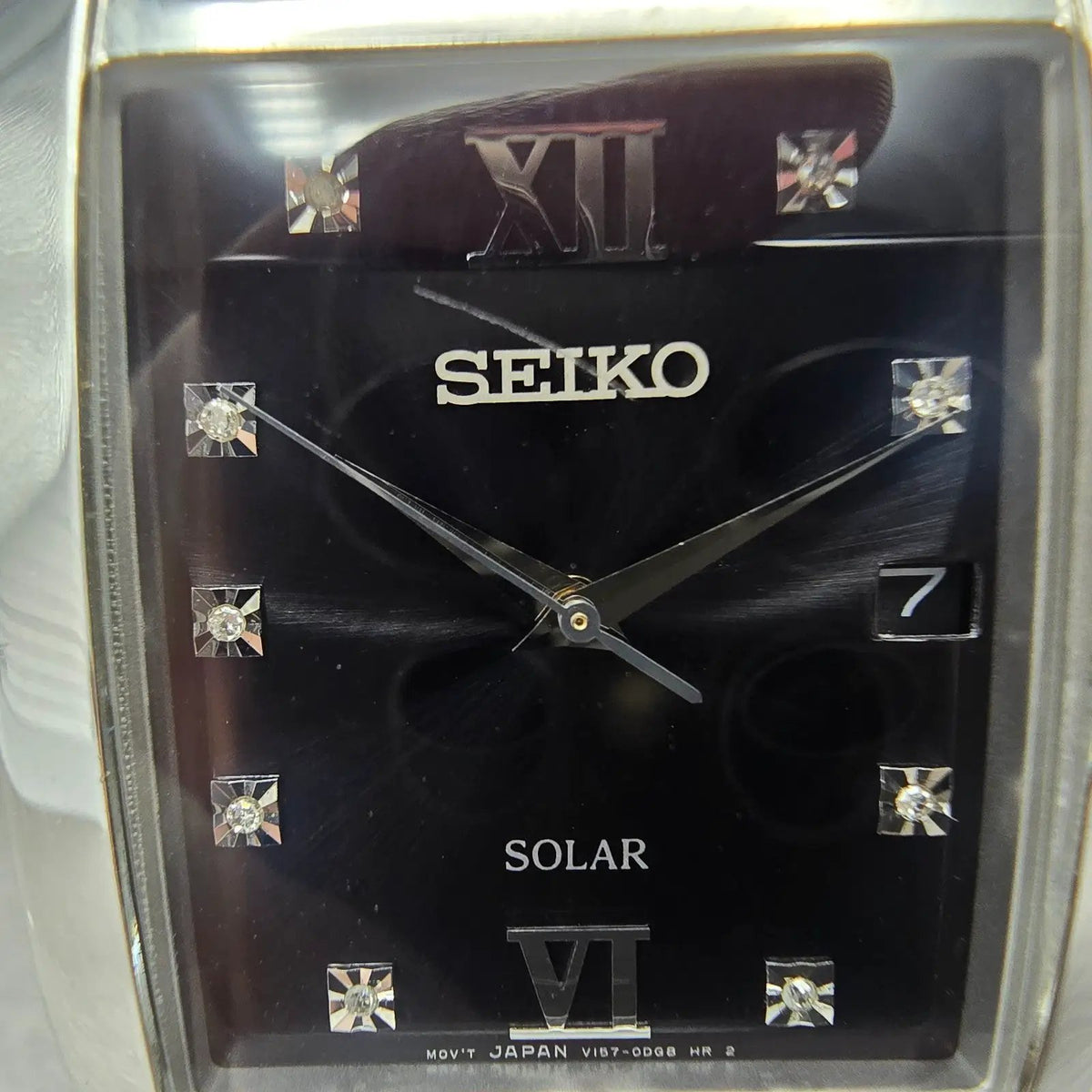 Seiko Solar Tank Watch Men 35mm Black Dial Silver Date Rectangle V157-0CC0 Runs1
