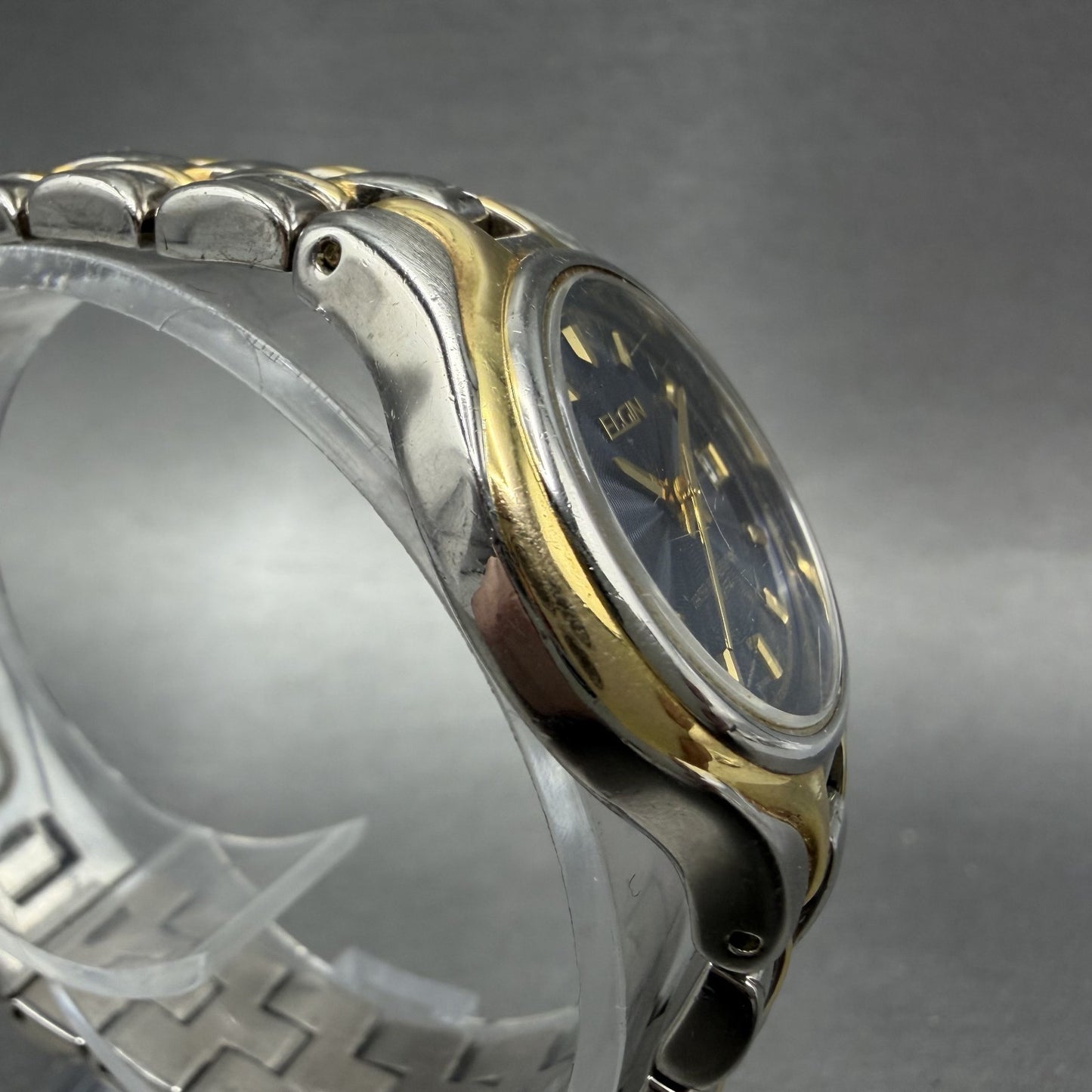 Elgin Watch Women 27mm Blue Dial Two Tone Date Round Bracelet New Battery3