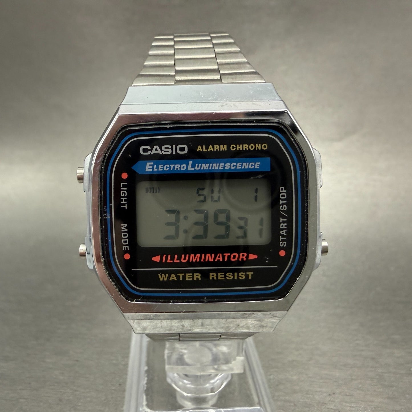 Casio A168 Illuminator Watch Men 36mm Digital Silver Tone Alarm Chrono New BattP0